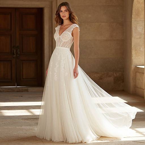 Photograph of a beautiful woman with wavy brown hair in an elegant, white lace and tulle wedding gown, standing in a sunlit, stone