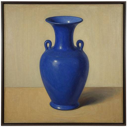 Photograph of a vibrant blue ceramic vase with a flared top, two handles, and a rounded body, set against a light wooden background.