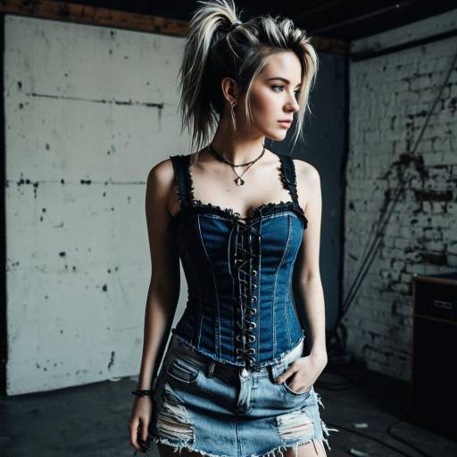 Young Woman in Denim Corset and Skirt