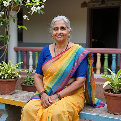 Photograph of an elderly Indian woman with gray hair, wearing a vibrant yellow sari with rainbow stripes over a blue blouse, sitting on a balcony with