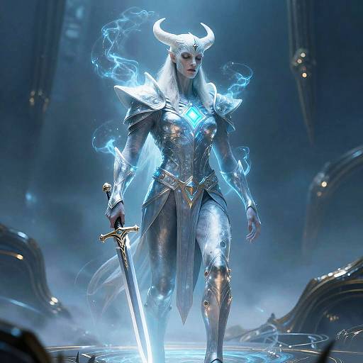 CGI image of a powerful, armored female warrior with white horns, glowing blue electricity, and a sword, standing in a misty, dark futuristic