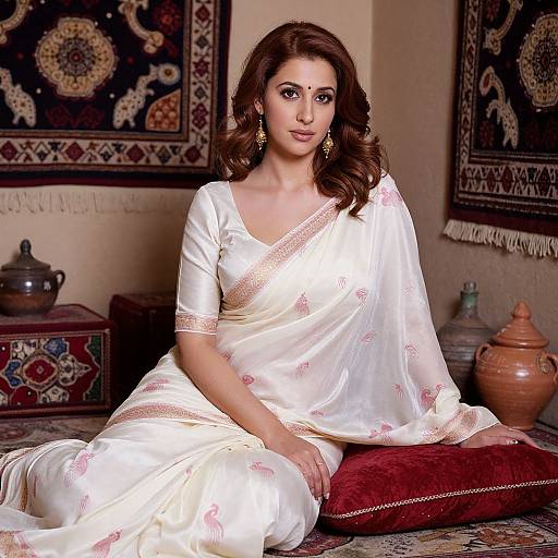Photograph of a beautiful South Asian woman with wavy brown hair, wearing a white silk saree with pink floral designs, sitting on a red cushion