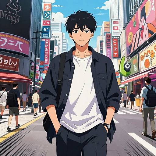 Anime-style digital drawing of a young man with black hair, wearing a black jacket over a white shirt, standing in a vibrant, bustling Japanese city street