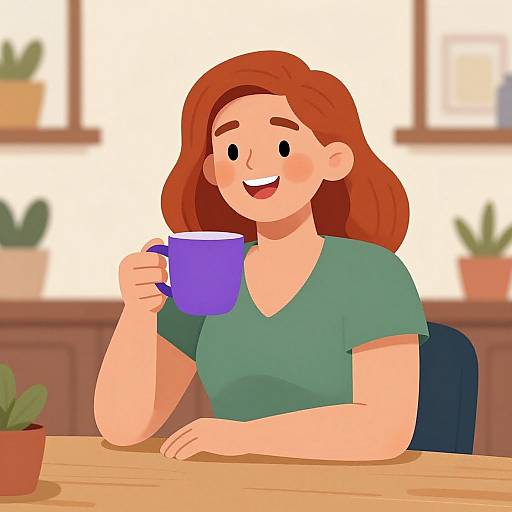 Cartoon-style digital illustration of a red-haired woman with fair skin, green shirt, smiling, holding a blue mug, sitting at a wooden table with