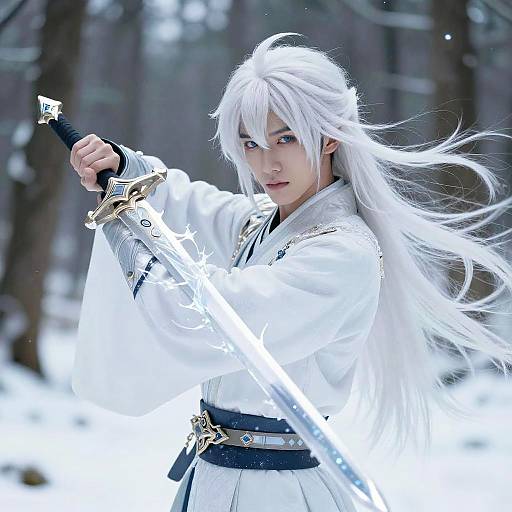 Digital art of a white-haired, blue-eyed warrior in white, holding a glowing sword in a snowy forest, with a confident expression.