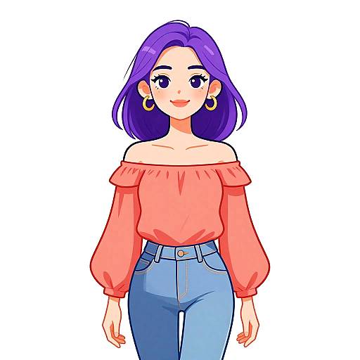 Digital anime-style drawing of a cute, purple-haired woman with large eyes, wearing a coral off-shoulder top and high-waisted blue jeans
