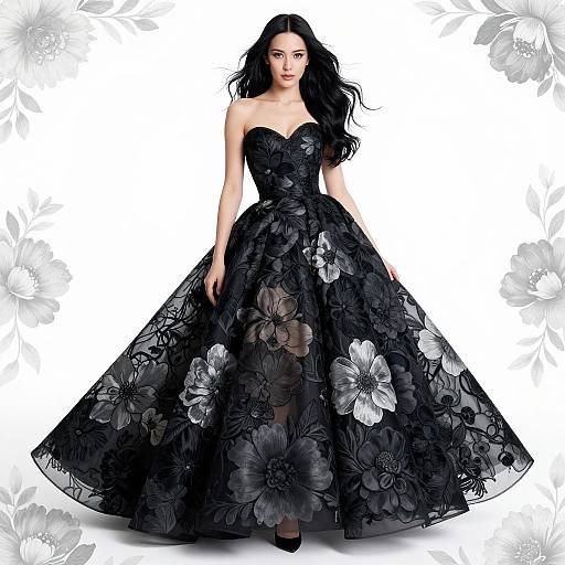 Photograph of a dark-haired woman in a black, strapless, floral-embroidered ball gown, standing against a white background with gray floral