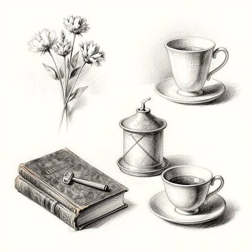 Monochromatic sketch of a white teacup and saucer, silver sugar jar, book with pencil, and daisy bouquet on white background.