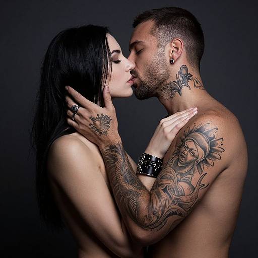 Photograph of a tattooed, shirtless couple kissing against a dark background; she has long black hair and pale skin, he has short dark hair