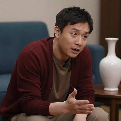 Expressive Man in Red Cardigan