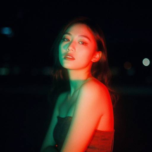 Photograph of a young woman with medium-length dark hair, illuminated by red and green light against a dark background, wearing a strapless top, looking