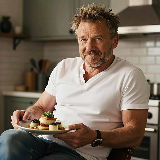 Middle-aged man with spiky gray hair, white V-neck shirt, and blue jeans, sits in a kitchen, holding a plate of dessert. Photograph