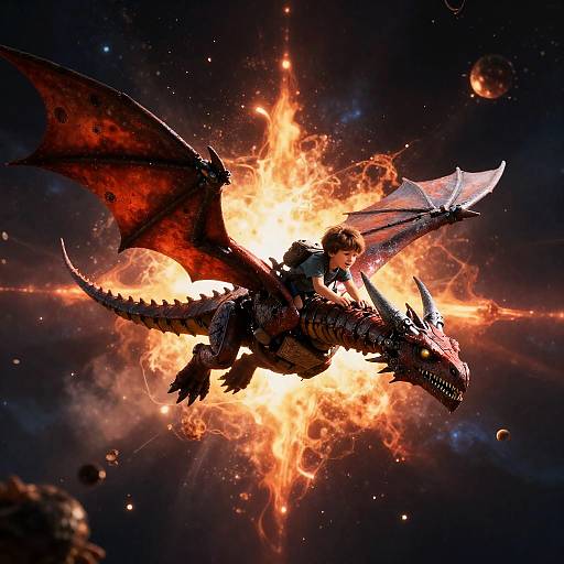 Young Boy Flying with Mechanical Dragon