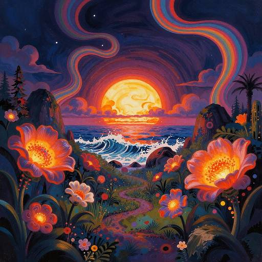 Vibrant digital painting of a surreal sunset over a rocky beach, with glowing orange flowers, swirling rainbow lights, and dark, cloudy sky.