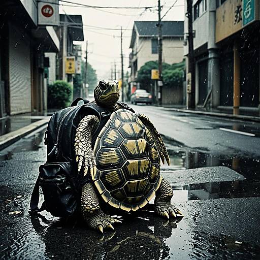 Turtle with Backpack on Wet Urban Street