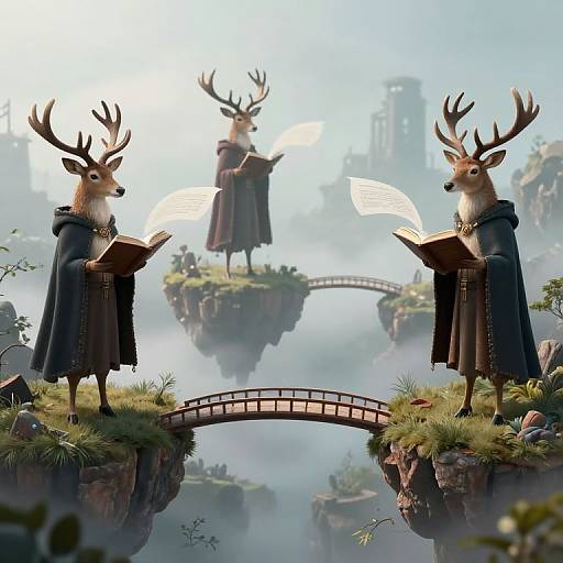 Digital artwork of three anthropomorphic deer in cloaks, standing on floating islands, singing from open books, with a misty, fantasy landscape.