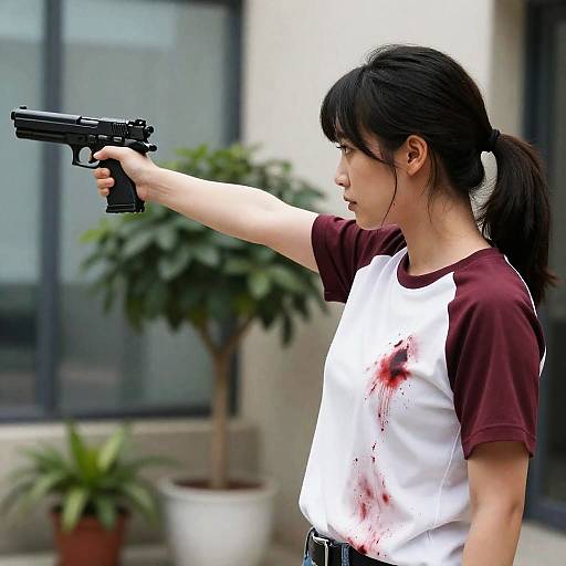 Intense Woman Aiming in Blood-Stained Shirt