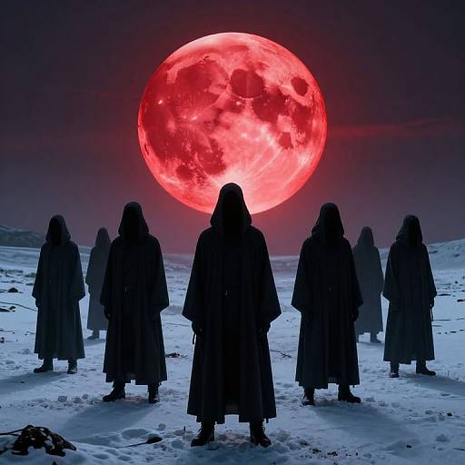 Photograph of eight hooded figures in dark robes standing in snowy landscape, facing a glowing red, full moon in dark sky.