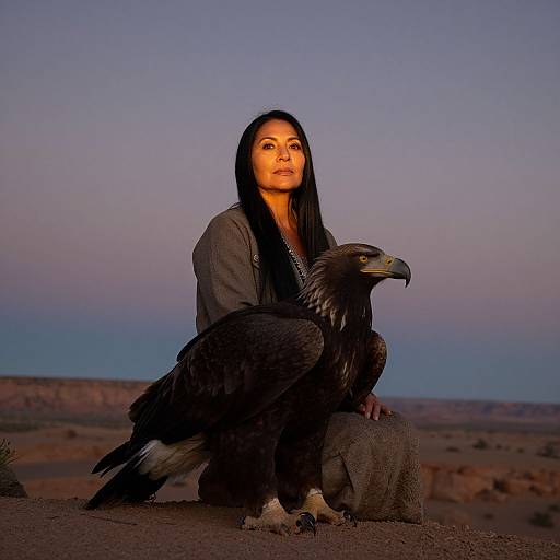 Photograph of a young Asian woman with long black hair, wearing a gray hoodie, kneeling beside a large, dark-feathered eagle in a desert