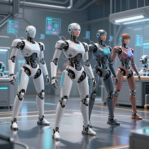 Photorealistic CGI of four female humanoid robots with glowing blue interfaces, standing in a futuristic lab with neon screens.