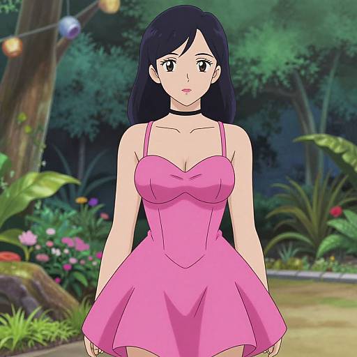 Anime-style digital drawing of a fair-skinned woman with black hair, wearing a pink, strapless, flared dress, standing in a lush,