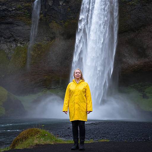 Woman in Yellow Raincoat at Waterfall