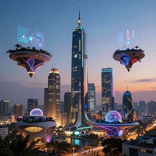 Futuristic Floating Cityscape with Neon Lights