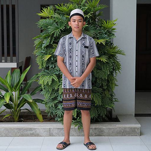 Photograph of a young boy standing in front of a lush green plant, wearing a black and white striped shirt, patterned shorts, black sandals,