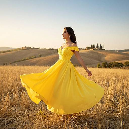 Photograph of a smiling woman in a flowing yellow off-shoulder dress, standing in a golden wheat field at sunset, with rolling hills and c