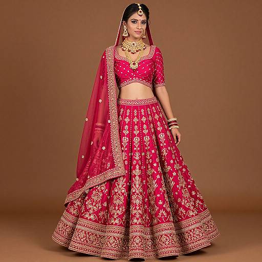 Photograph of an Indian woman in a vibrant red traditional lehenga with gold embroidery, matching dupatta, and ornate jewelry, standing against a brown