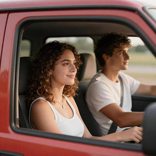 Sunlit Young Couple in Red Truck