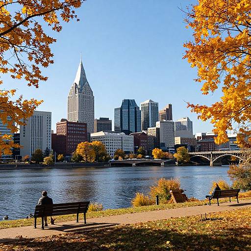 Photograph of a city skyline with autumn leaves, two people sitting on a bench by a river, and a bridge in the background.