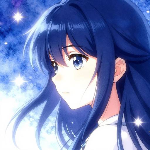 Digital anime artwork of a girl with long, flowing dark blue hair, large blue eyes, and white school uniform, set against a glowing blue, star