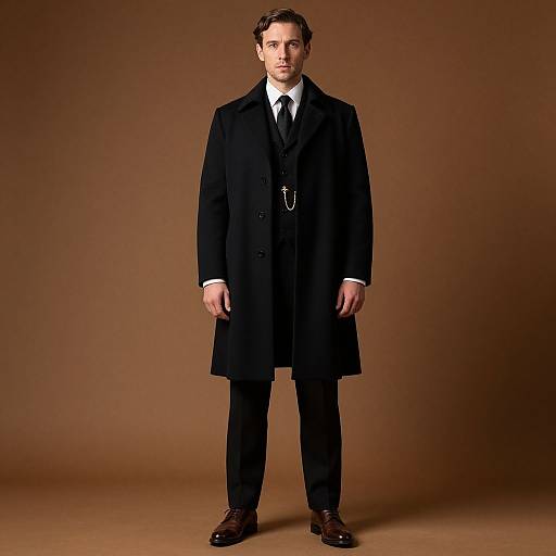 Photograph of a serious-looking man in a black overcoat, white shirt, black tie, black pants, and brown shoes, standing against a brown