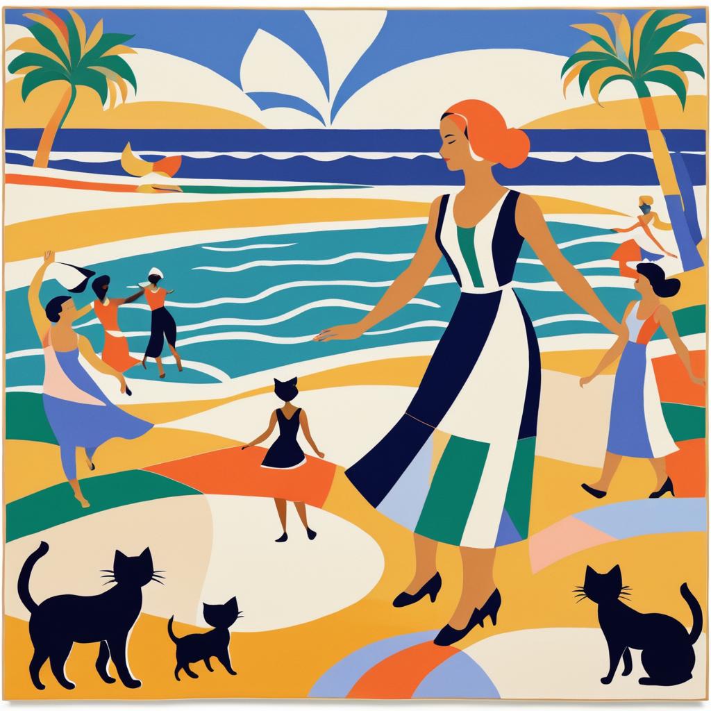 Art Deco Beach Scene with Cats and Dance