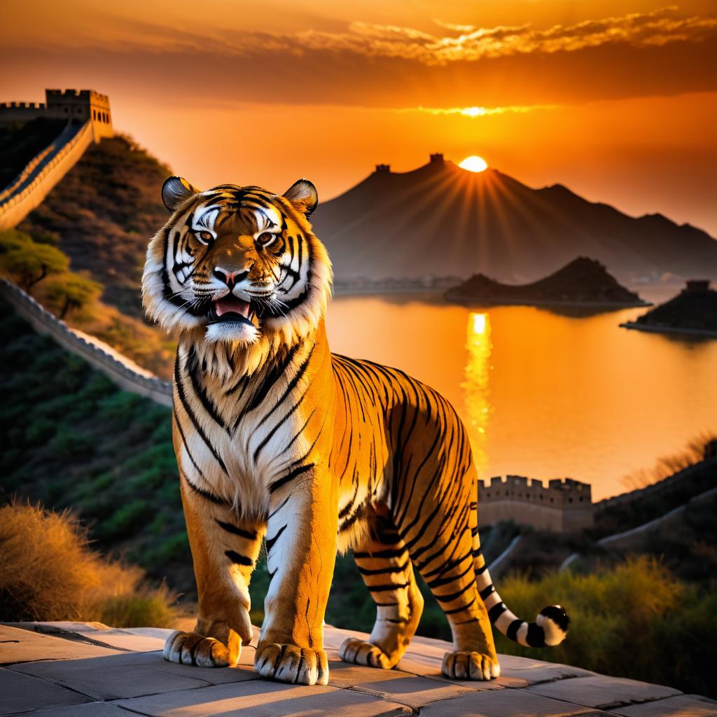 Majestic Tiger Against Great Wall Sunset