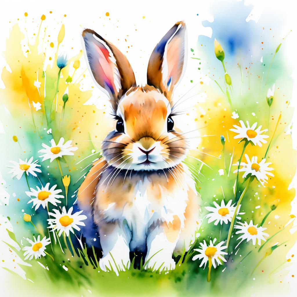 Vibrant Watercolor Baby Rabbit in Daisies