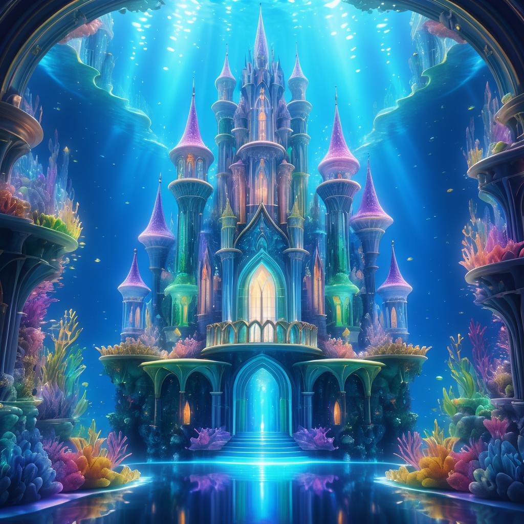 Whimsical Underwater Castle in Rainbow Light