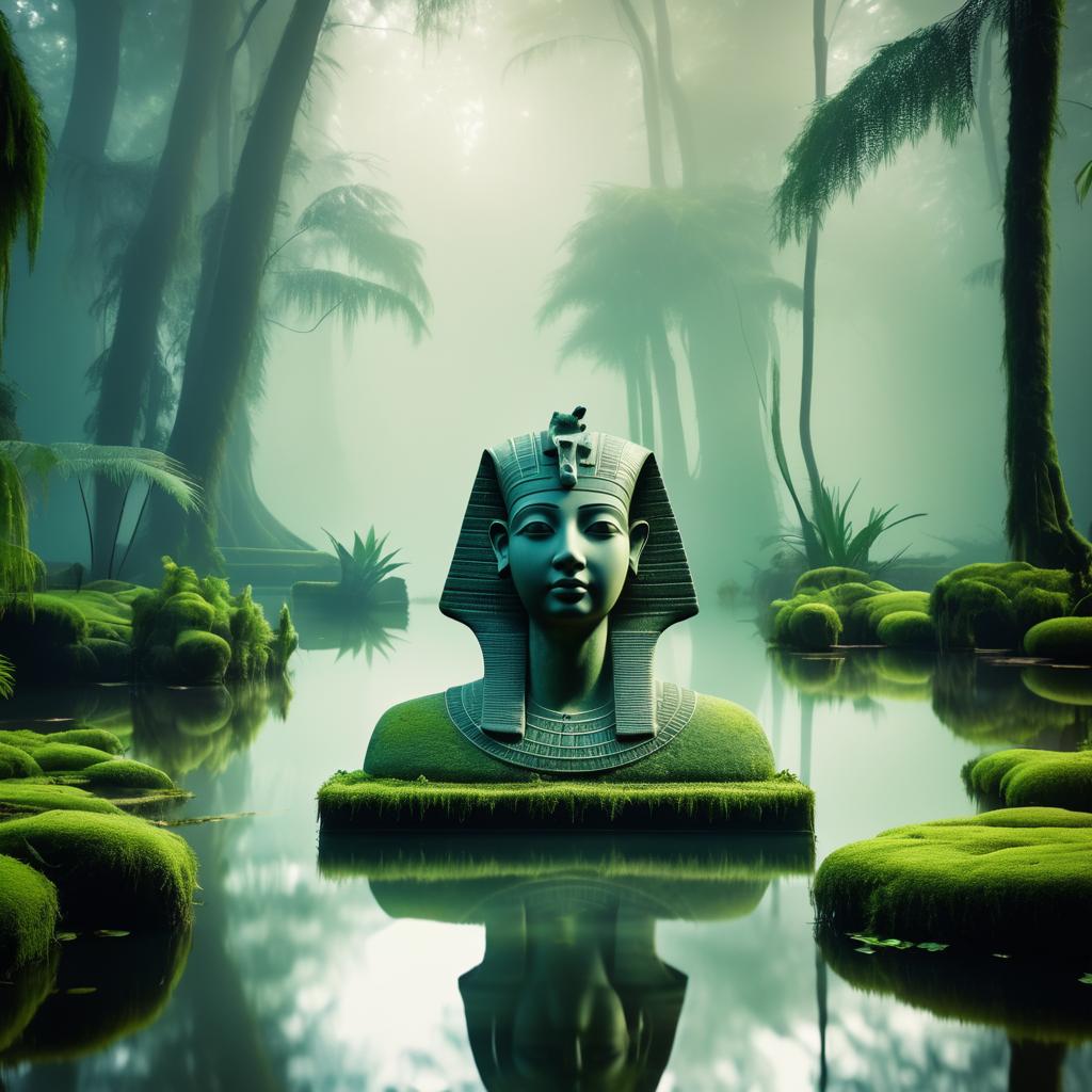 Ancient Egyptian Sculpture in Misty Pond