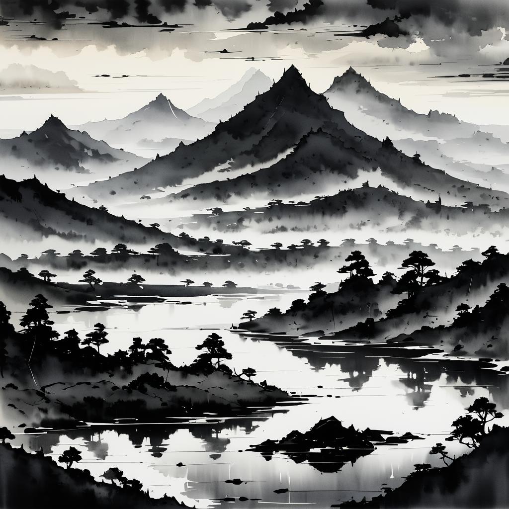 Tranquil Ashen Highlands in Ink Wash