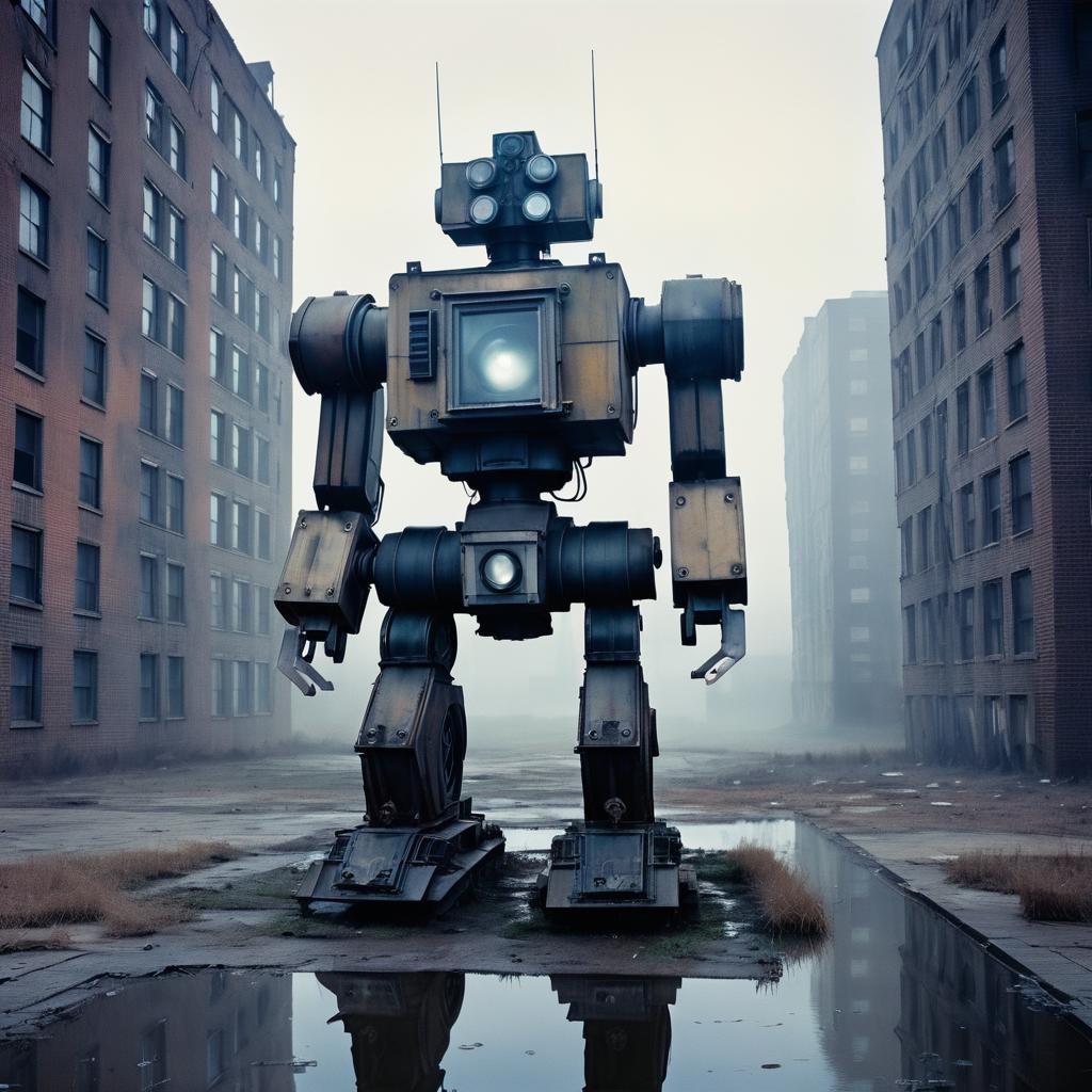 Giant Mech in Foggy Urban Wasteland