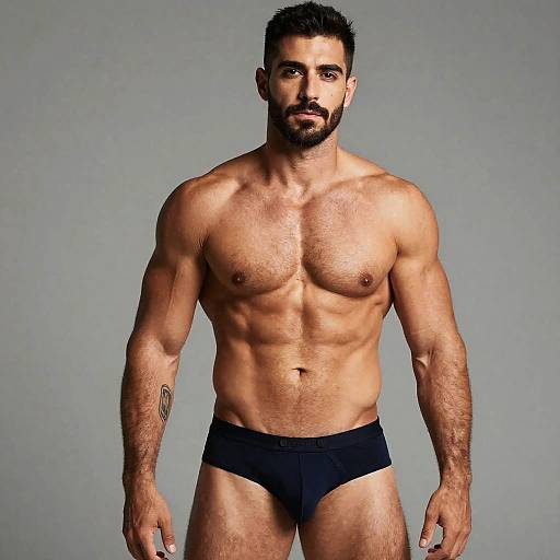 Photograph of a muscular, bearded man with short dark hair, wearing black briefs, standing against a plain gray background. His toned, hairy
