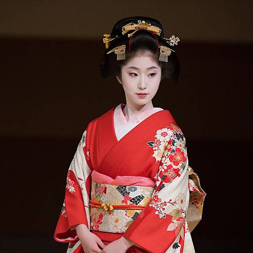 Photograph of a young Japanese woman in a traditional red and white floral kimono with gold accents, black hair in an ornate updo, and