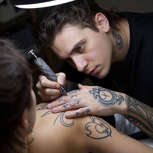 Photograph of a tattoo artist with dark hair, tattoos, and focused expression, tattooing a tattoo on a person's upper arm.