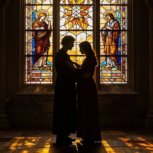 Silhouetted couple in front of vibrant stained glass window with religious figures, sunlight casting colorful patterns on stone floor.