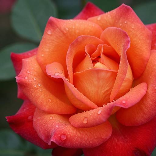 Close-up photograph of a vibrant orange-red rose with dewdrops on its petals, set against a blurred dark green background.