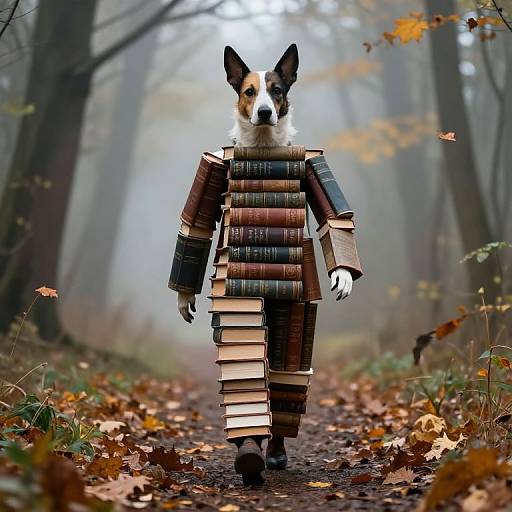Dog-headed figure made of books walking in autumn forest