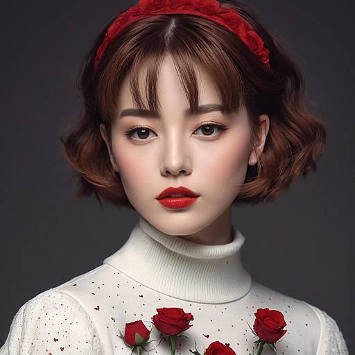 Digital portrait of an Asian woman with short brown hair, red headband, white turtleneck, and red roses on her chest, against a dark