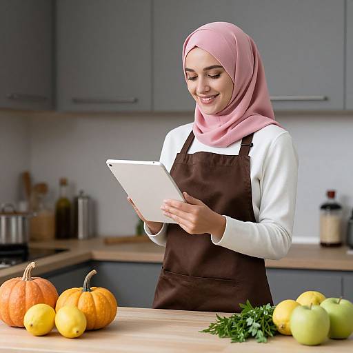 Photograph of a smiling, young Muslim woman with pink hijab and brown apron, reading a tablet in a modern kitchen, surrounded by pumpkins