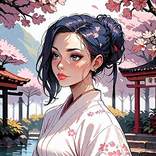 Anime Woman in Kimono with Cherry Blossoms